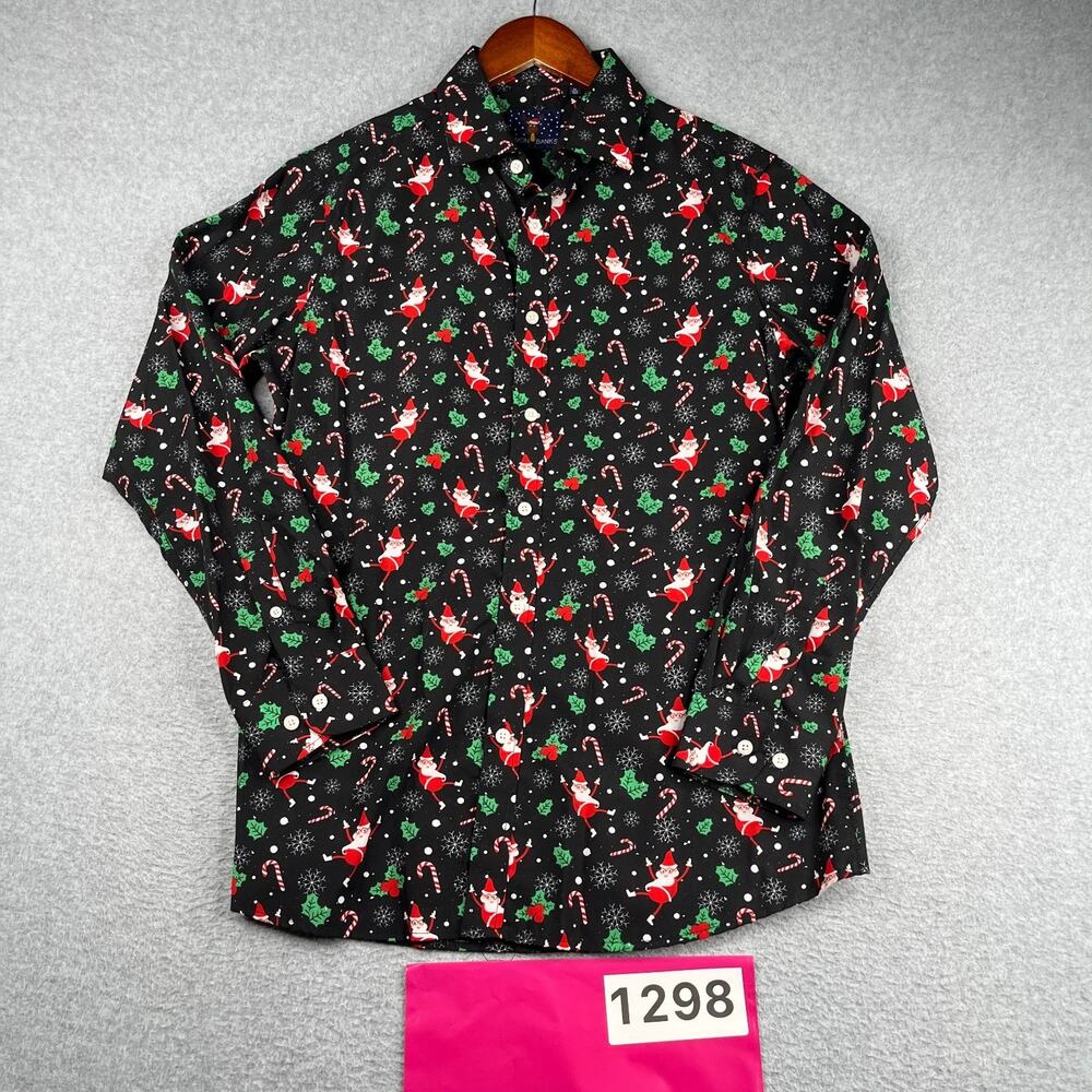 Simon Banks Christmas Santa Print Long Sleeve Button Up Shirt Medium Black